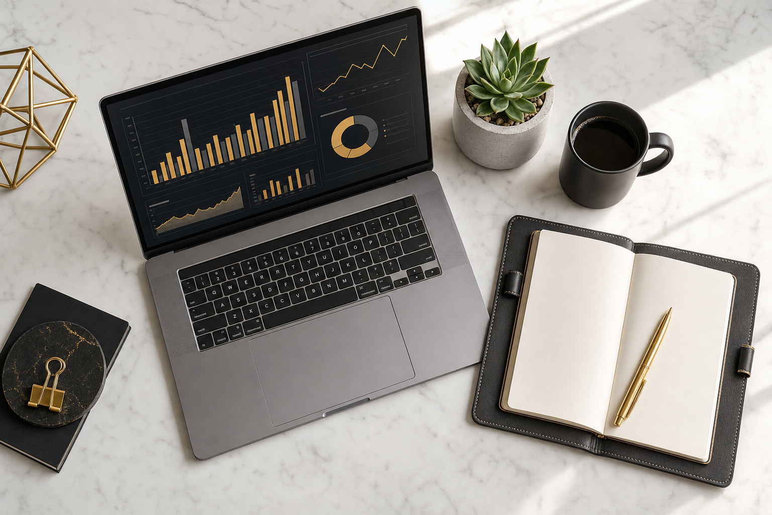 Organized business workspace with financial charts on a laptop, a leather notebook with strategic notes, and a gold pen